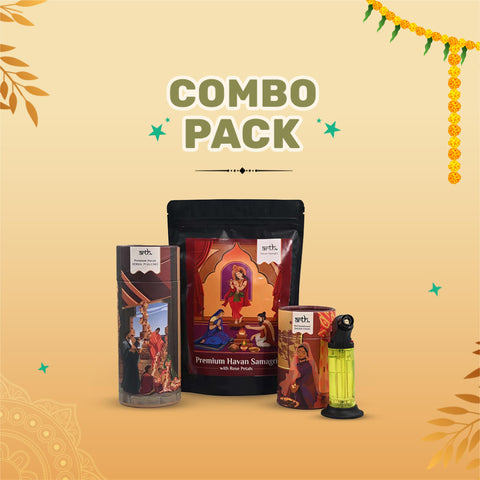 Premium Havan Combo- Premium Havan Samagri with Rose Petals (400g) + 1 Pack of Havan Cake + 1 Premium Red Sandalwood Dhoop Sticks + Agnivahan Lighter