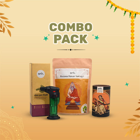 Rozana Havan Combo- Rozana Samagri (400g) + 1 pack of Havan Tikki + 1 Premium Natural Havan Dhoop Sticks + Agnivahan Lighter
