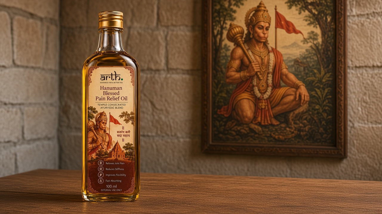 Lord Hanuman with Arth Hanuman Blessed Pain Relief Oil
